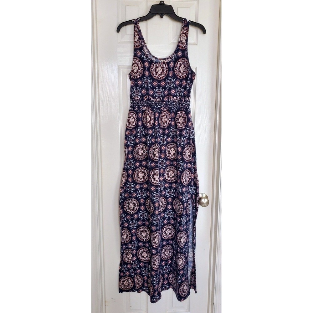 Mudd Maxi Dress Blue Pink Mandala Medallion Boho Sleeveless Side Slit Medium